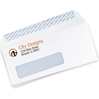 Custom #10 self-seal window envelopes printed with two colors, showing the Peel & Seal strip and window