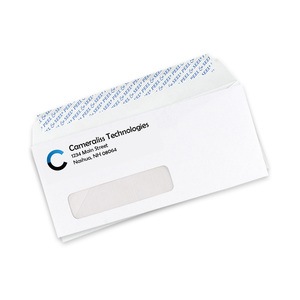 Custom #10 self-seal window envelopes printed with two colors, showing the Peel & Seal strip and address window.