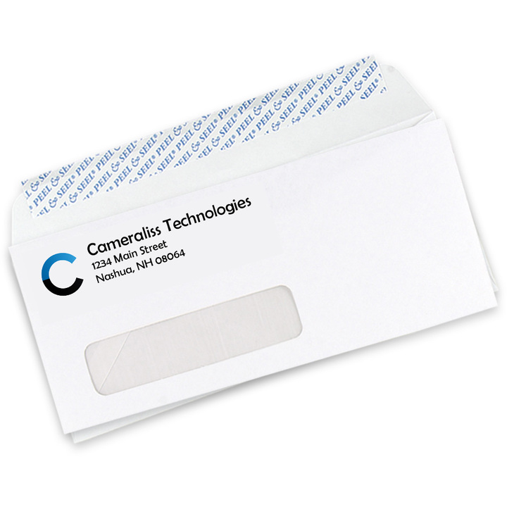 Custom #10 self-seal window envelopes printed with two colors, showing the Peel & Seal strip and address window.