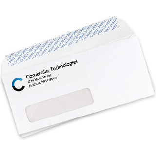 Custom #10 self-seal window envelopes printed with two colors, showing the Peel & Seal strip and address window.