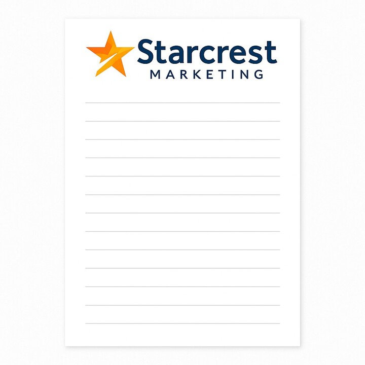 Custom full color notepads (5 1/2" x 8 1/2"), with 25 sheets per pad on 60 lb. paper with a personalized logo.