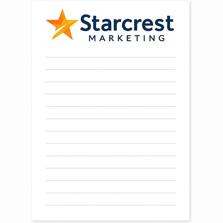 Custom full color notepads (5 1/2" x 8 1/2"), with 25 sheets per pad on 60 lb. paper with a personalized logo.