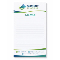 Custom personalized notepads in various sizes (half-letter, full-letter, square) printed with company logos