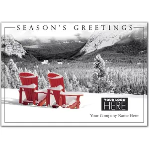 Take Time Logo Card featuring two Adirondack chairs facing a serene forest scene, with a company logo.