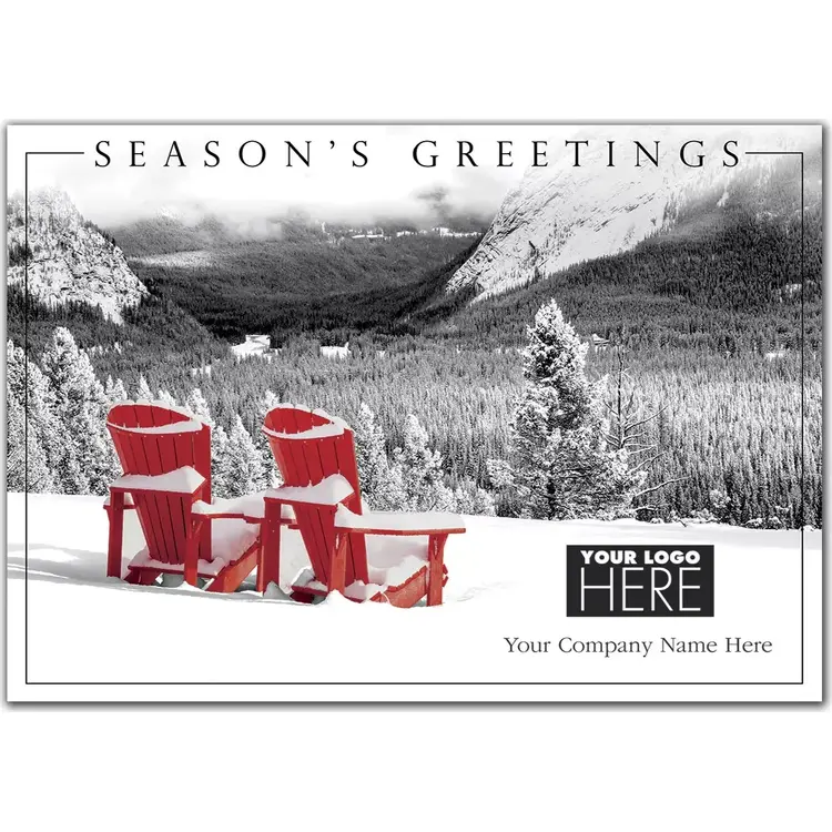 Take Time Logo Card featuring two Adirondack chairs facing a serene forest scene, with a company logo.