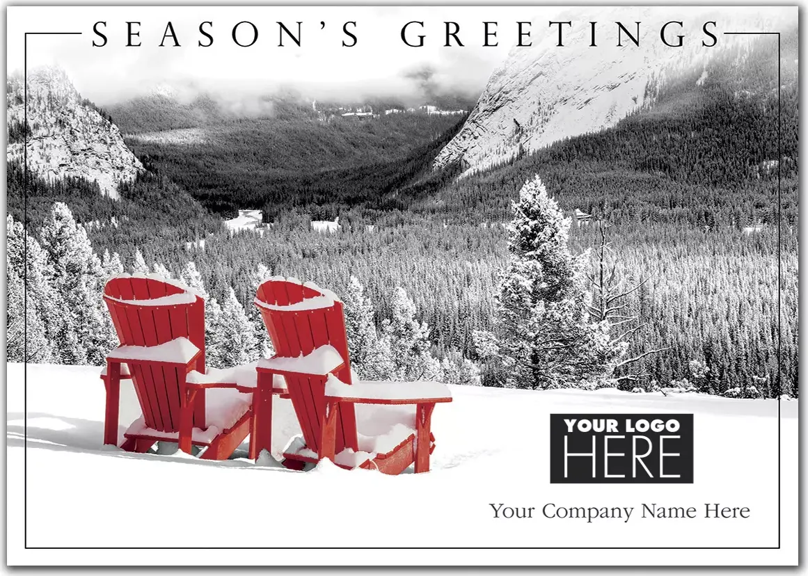 Take Time Logo Card featuring two Adirondack chairs facing a serene forest scene, with a company logo.