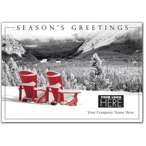 Take Time Logo Card featuring two Adirondack chairs facing a serene forest scene, with a company logo.
