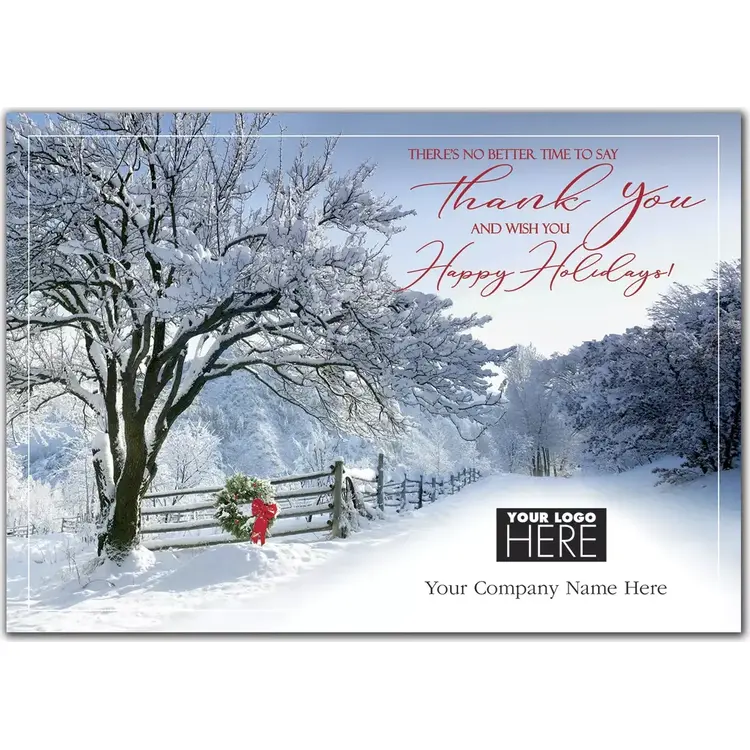 Appreciation Lane Logo Card featuring a snowy country road scene, with a customizable company logo space.