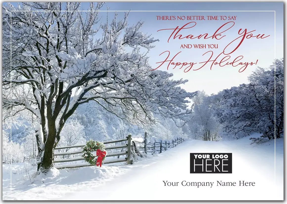 Appreciation Lane Logo Card featuring a snowy country road scene, with a customizable company logo space.
