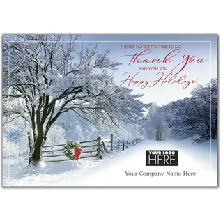 Appreciation Lane Logo Card featuring a snowy country road scene, with a customizable company logo space.