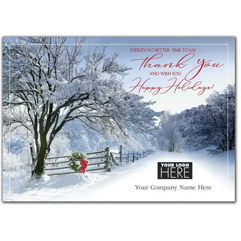 Appreciation Lane Logo Card featuring a snowy country road scene, with a customizable company logo space.