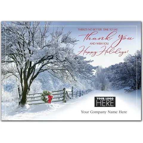Appreciation Lane Logo Card featuring a snowy country road scene, with a customizable company logo space.