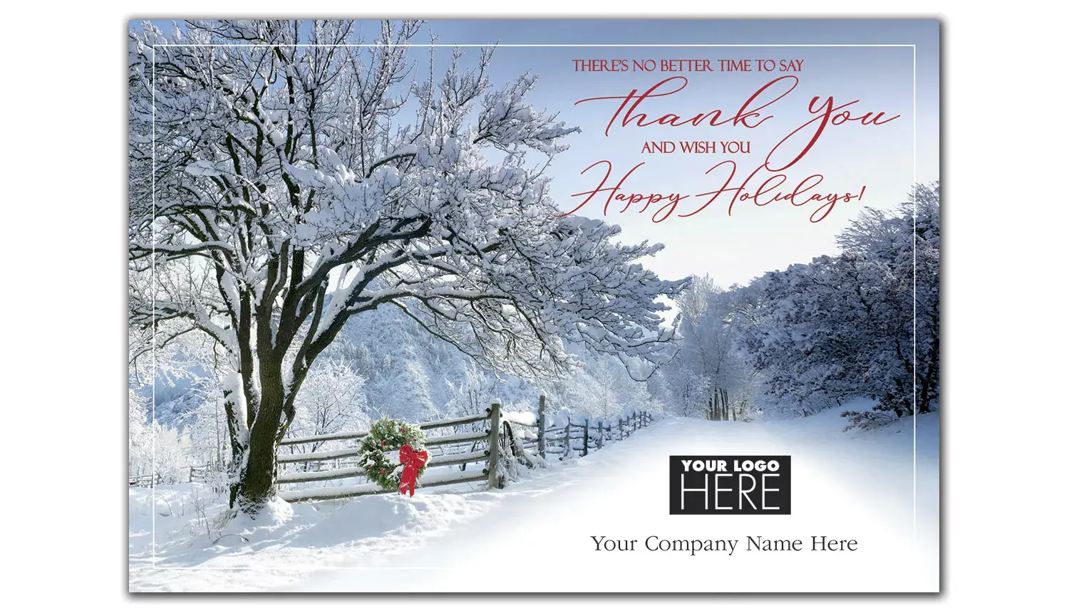 Appreciation Lane Logo Card featuring a snowy country road scene, with a customizable company logo space.