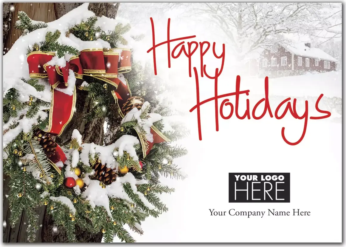 Snowy Delight Logo Card showing a snowy tree scene and the custom printed business name on the card front