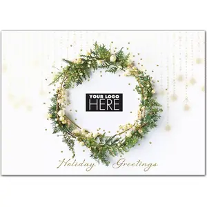 Glistening with Charm Logo Card showing a sophisticated wreath of greens and white berries surrounding a customizable logo space