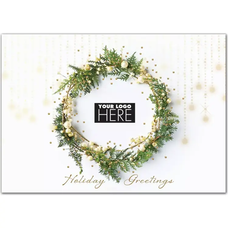 Glistening with Charm Logo Card showing a sophisticated wreath of greens and white berries surrounding a customizable logo space