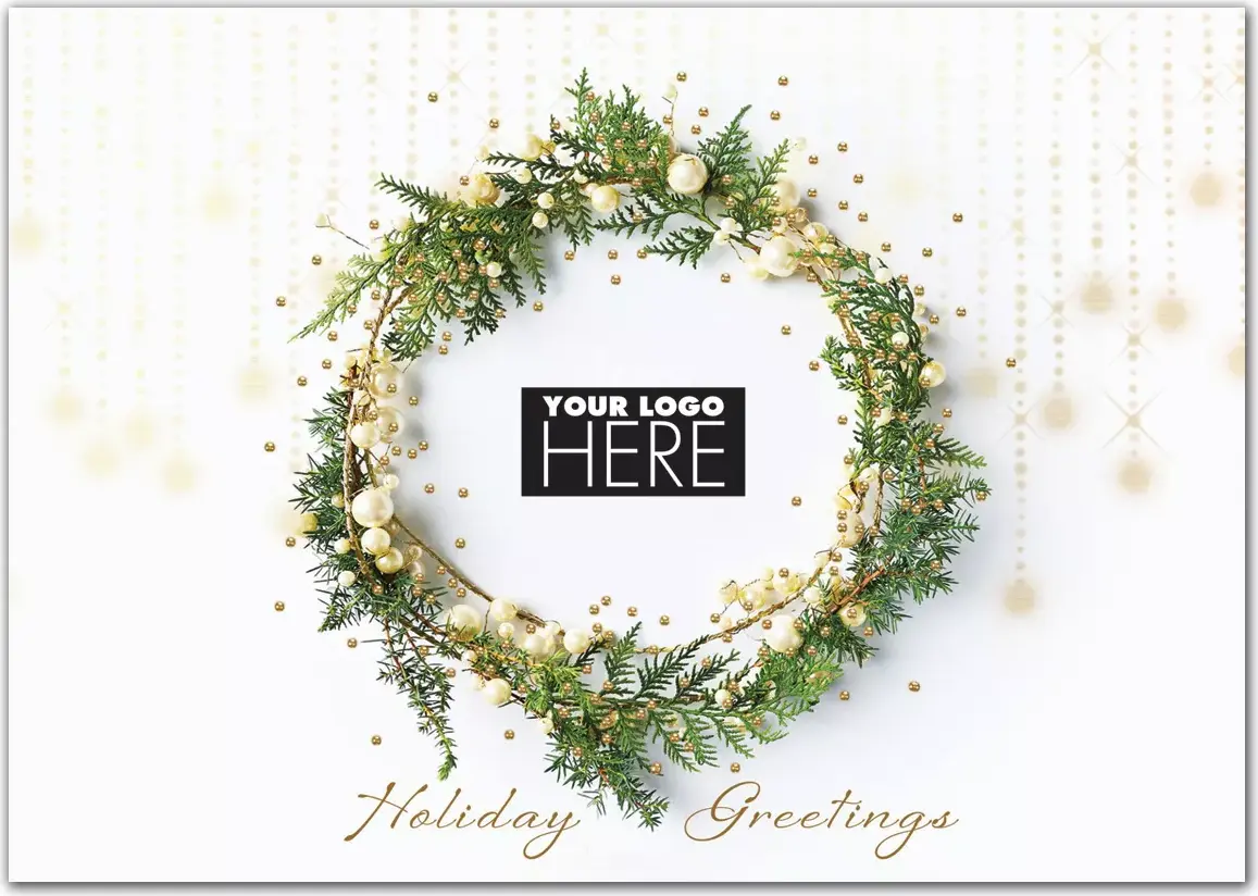Glistening with Charm Logo Card showing a sophisticated wreath of greens and white berries surrounding a customizable logo space