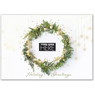 Glistening with Charm Logo Card showing a sophisticated wreath of greens and white berries surrounding a customizable logo space