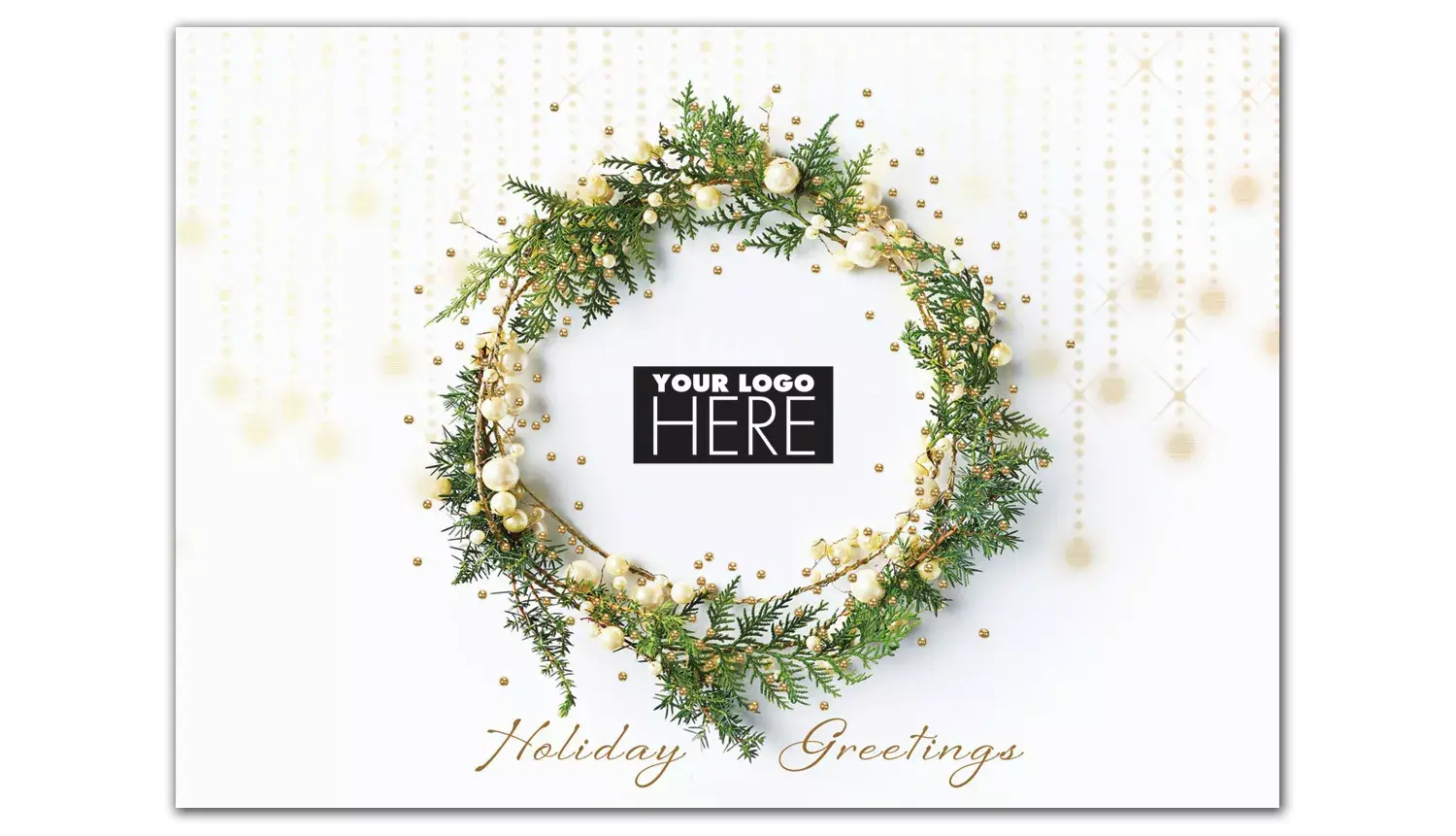Glistening with Charm Logo Card showing a sophisticated wreath of greens and white berries surrounding a customizable logo space