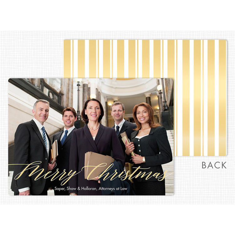 Complete front and back view of the Christmas Photo Cards - Best Script showing the custom team photo area and gold-colored background