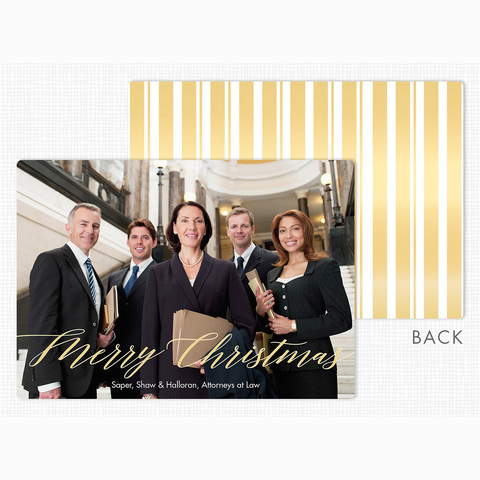 Complete front and back view of the Christmas Photo Cards - Best Script showing the custom team photo area and gold-colored background