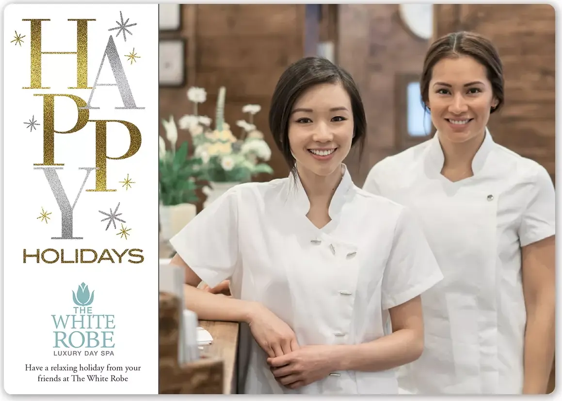 Holiday Photo Card - Stacked High template showing the custom photo and corporate logo upload areas