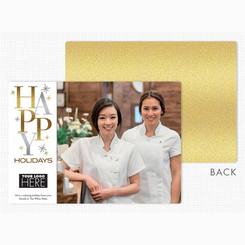 Full front and reverse side view of the Stacked High Holiday Photo Card with staff picture and rounded corners