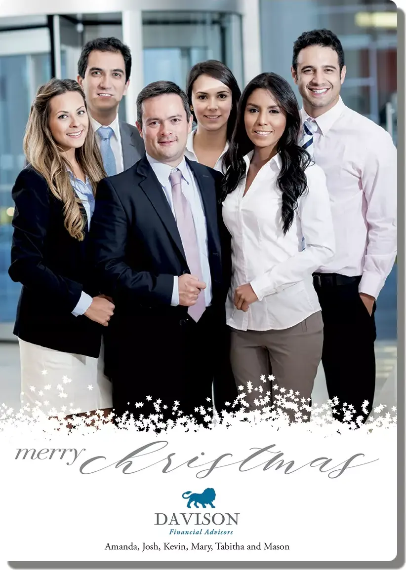 Merry Kindness Christmas Photo Card template showing the custom photo and corporate logo upload areas