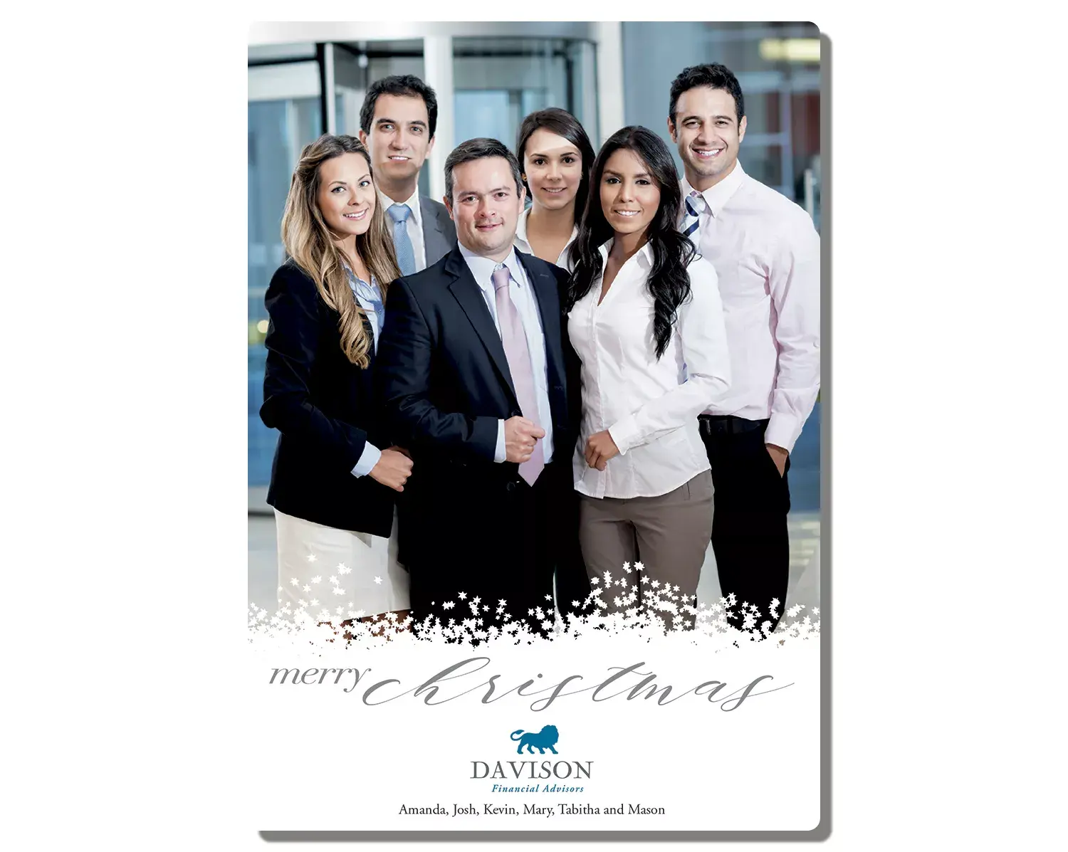 Merry Kindness Christmas Photo Card template showing the custom photo and corporate logo upload areas