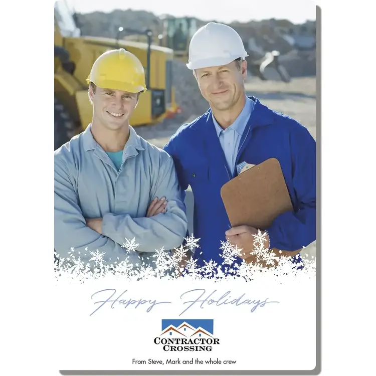 Holiday Photo Card - Off the Script template showing the custom photo area and full-color corporate logo placement
