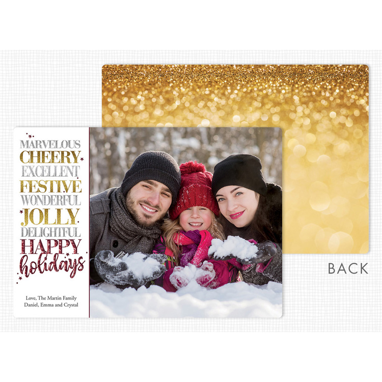 Full front and reverse side view of the Beyond Expectations Holiday Photo Card with gold accents and rounded corners