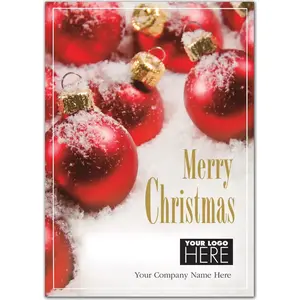 Crimson All Over Christmas Logo Card displaying the bright red ornament design on a snowy background