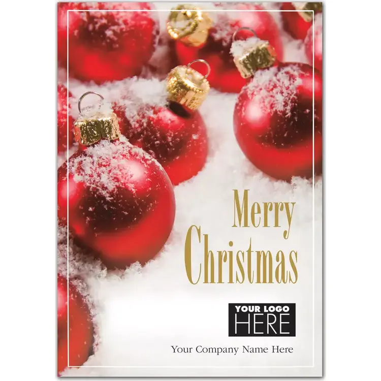 Crimson All Over Christmas Logo Card displaying the bright red ornament design on a snowy background