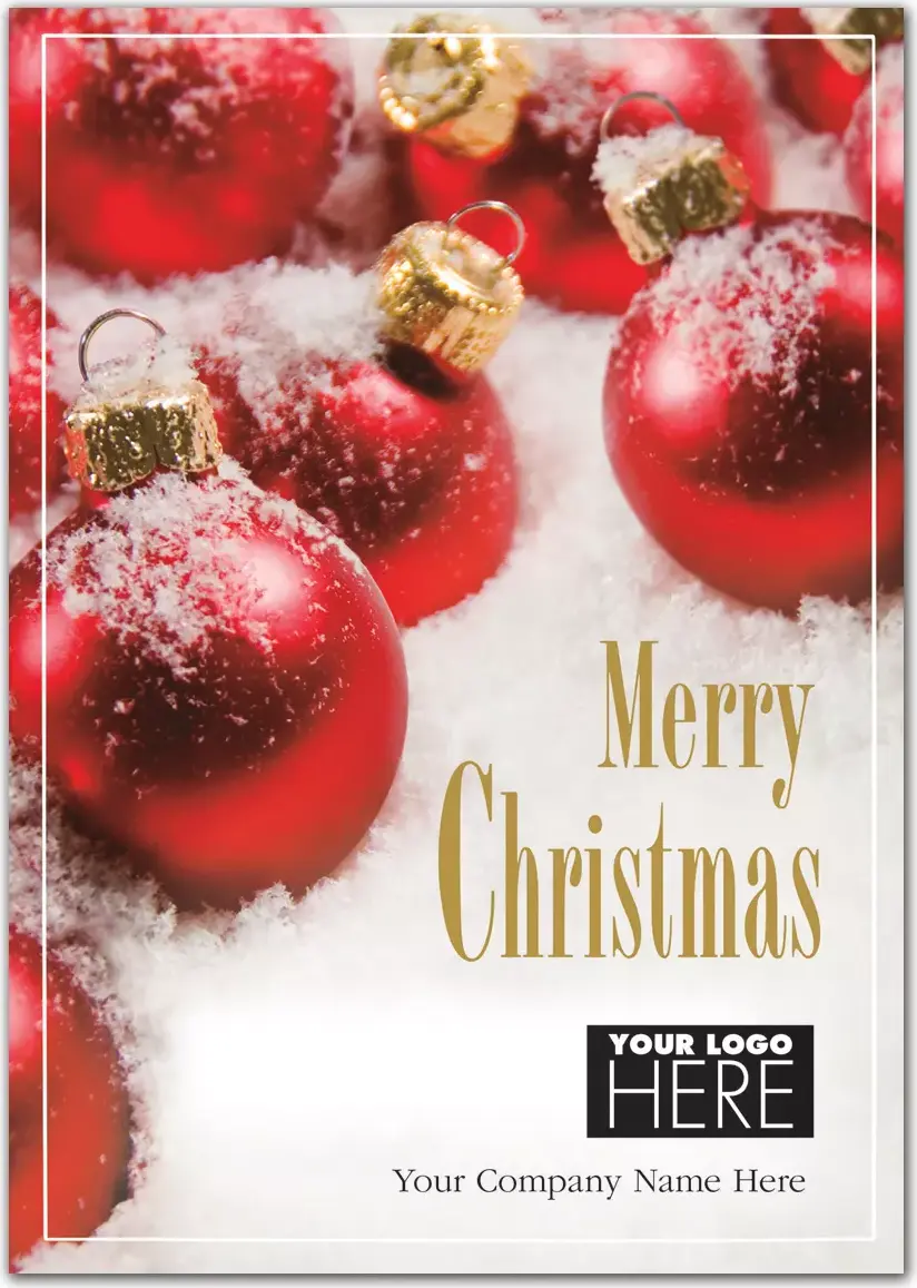 Crimson All Over Christmas Logo Card displaying the bright red ornament design on a snowy background