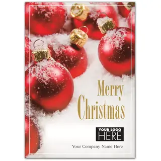 Crimson All Over Christmas Logo Card displaying the bright red ornament design on a snowy background
