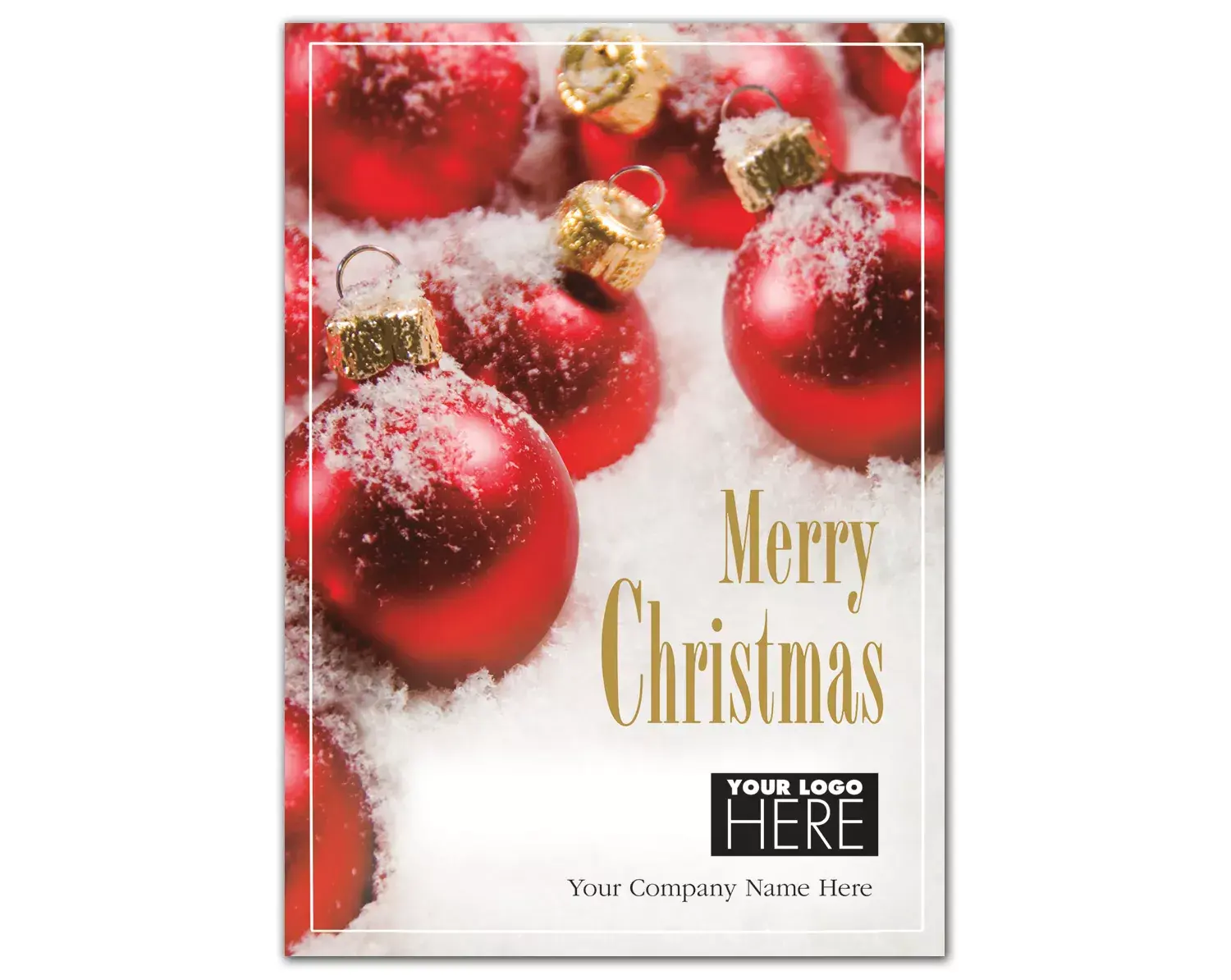Crimson All Over Christmas Logo Card displaying the bright red ornament design on a snowy background