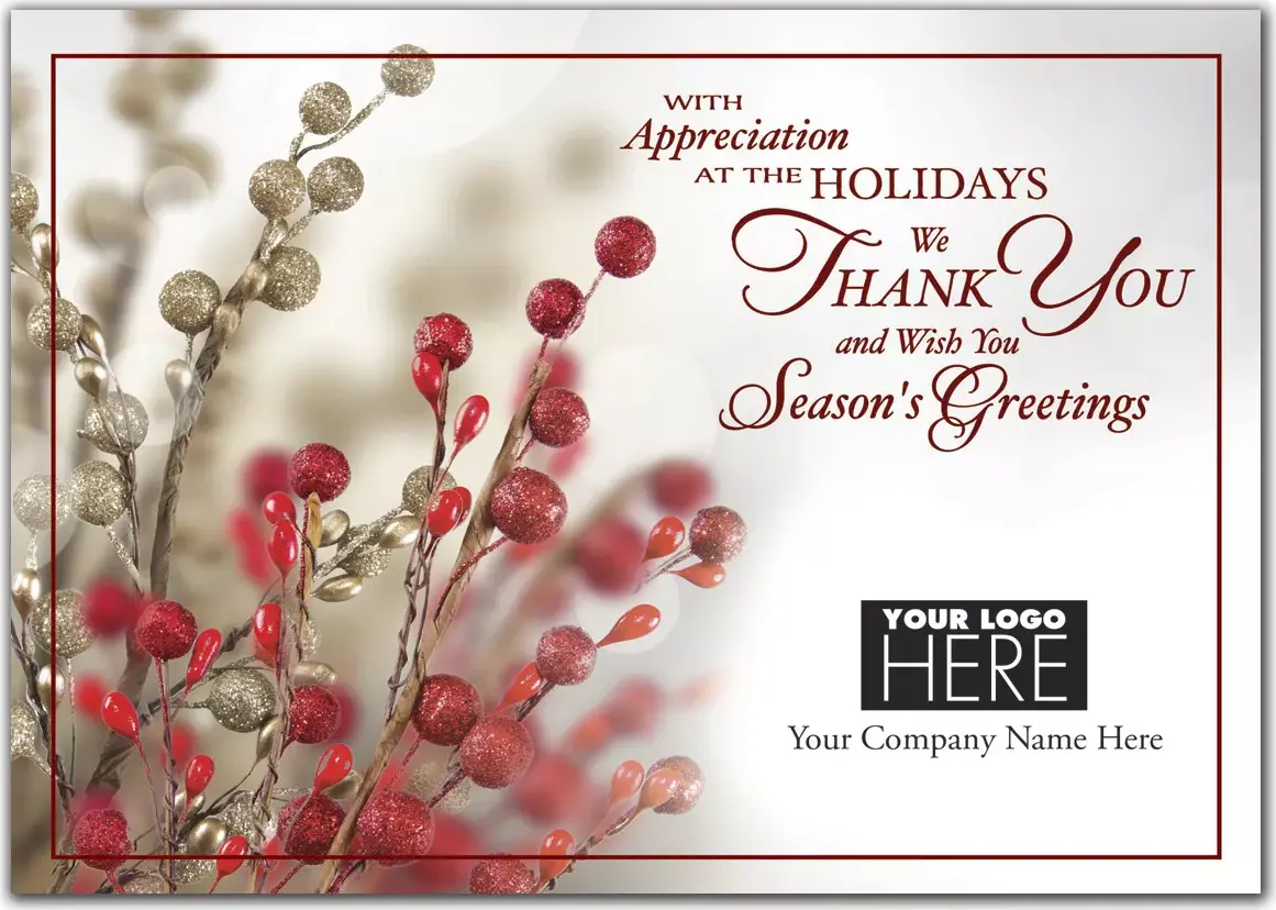 Tidings of Appreciation Holiday Logo Card featuring a vibrant berries photograph and area for a custom corporate logo
