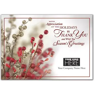 Tidings of Appreciation Holiday Logo Card featuring a vibrant berries photograph and area for a custom corporate logo