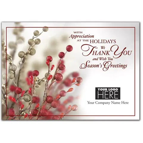 Tidings of Appreciation Holiday Logo Card featuring a vibrant berries photograph and area for a custom corporate logo