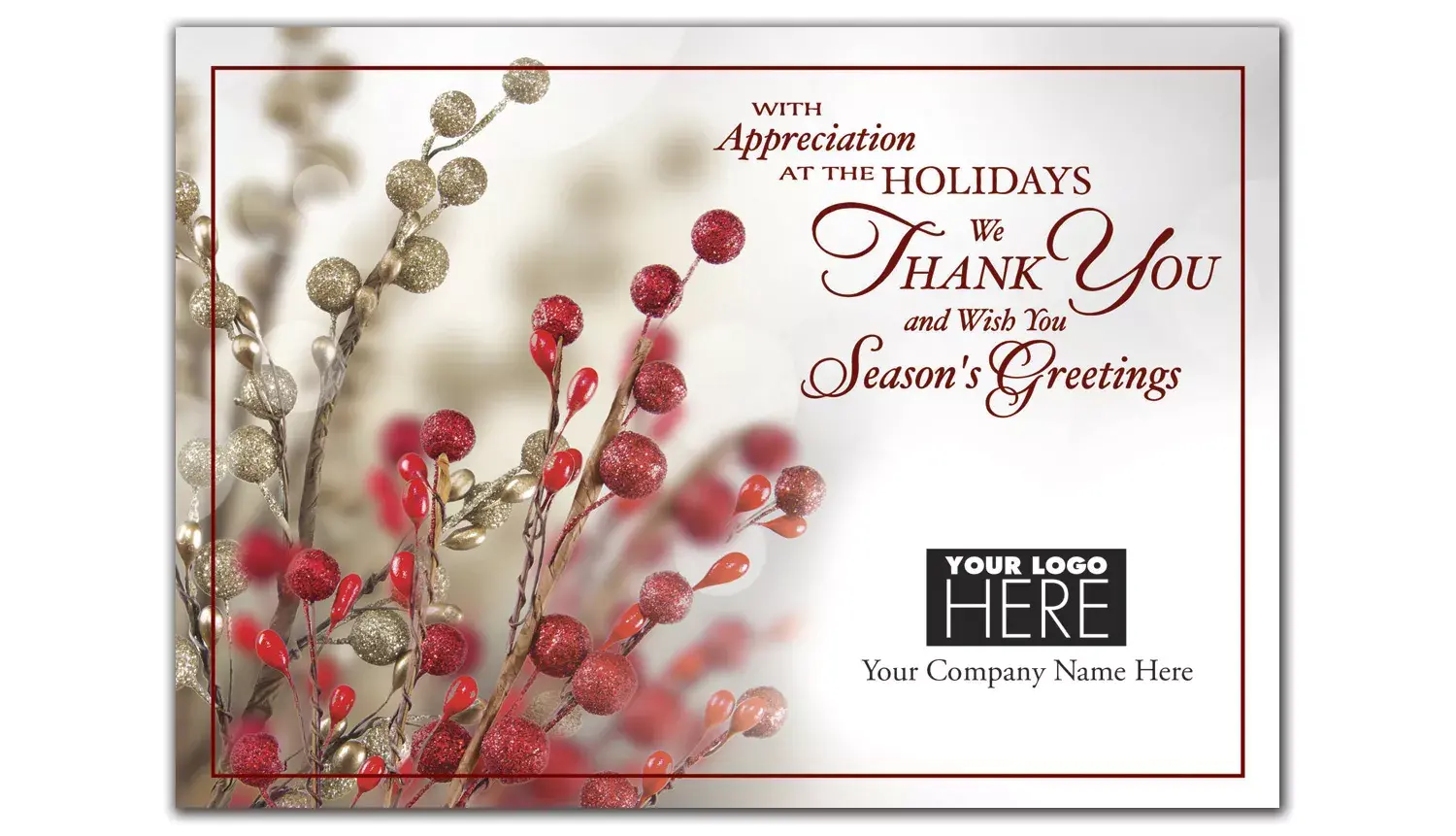 Tidings of Appreciation Holiday Logo Card featuring a vibrant berries photograph and area for a custom corporate logo