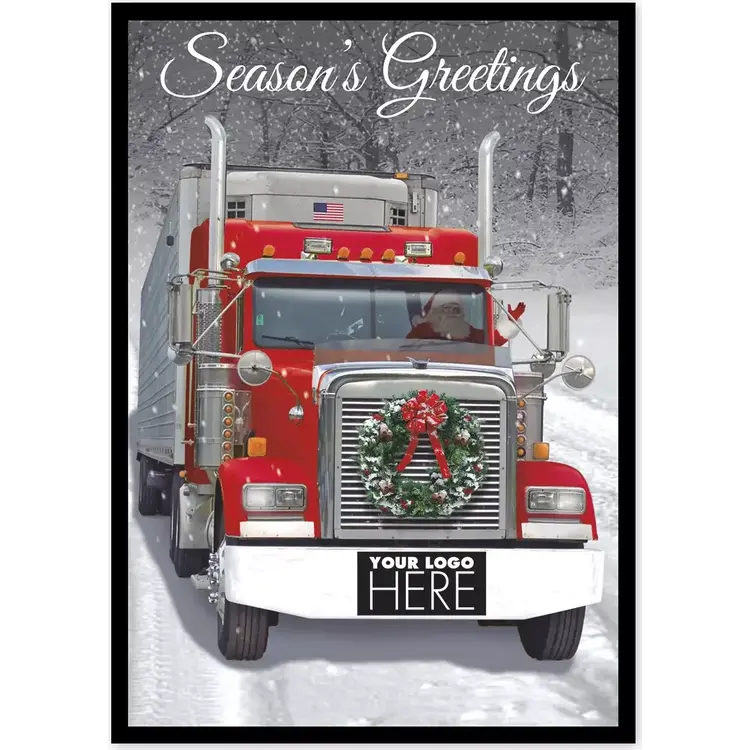 Big Rig Wreath Transportation Holiday Logo Card featuring a truck with a wreath on the grille and space for a custom corporate logo