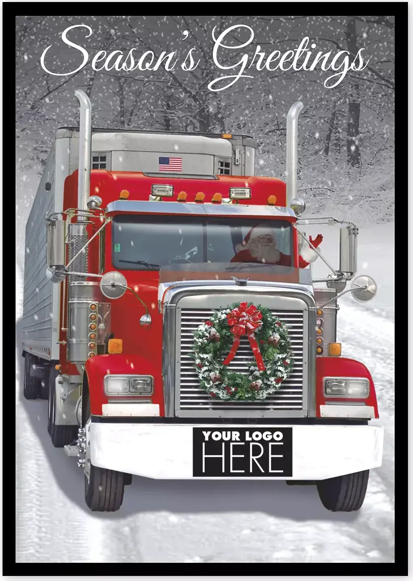 Big Rig Wreath Transportation Holiday Logo Card featuring a truck with a wreath on the grille and space for a custom corporate logo