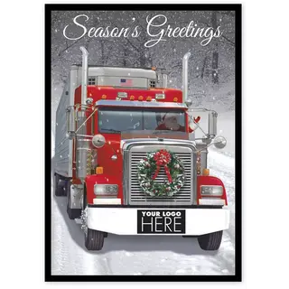 Big Rig Wreath Transportation Holiday Logo Card featuring a truck with a wreath on the grille and space for a custom corporate logo