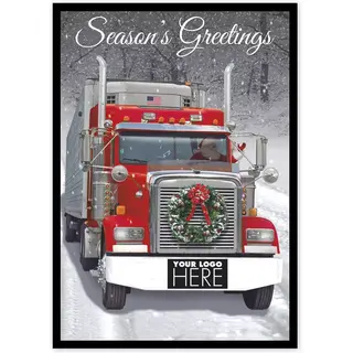 Big Rig Wreath Transportation Holiday Logo Card featuring a truck with a wreath on the grille and space for a custom corporate logo