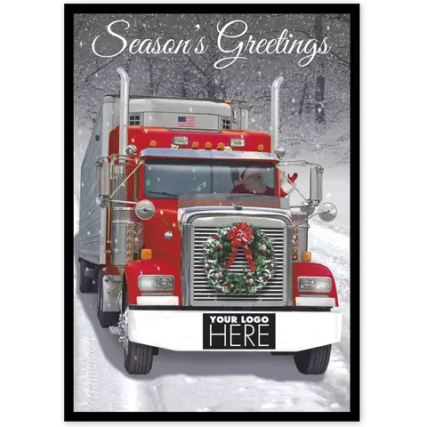 Big Rig Wreath Transportation Holiday Logo Card featuring a truck with a wreath on the grille and space for a custom corporate logo