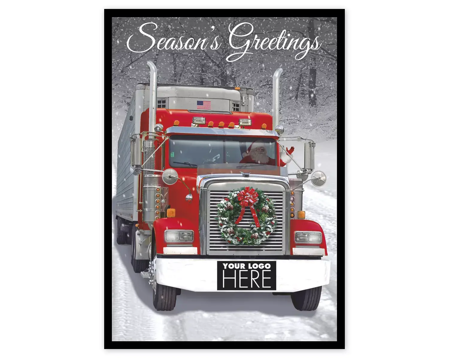 Big Rig Wreath Transportation Holiday Logo Card featuring a truck with a wreath on the grille and space for a custom corporate logo