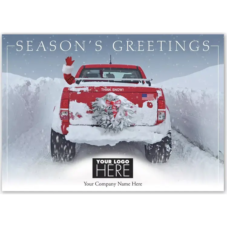 Snow Driven Holiday Logo Card featuring a snowy truck theme with space for a custom corporate logo