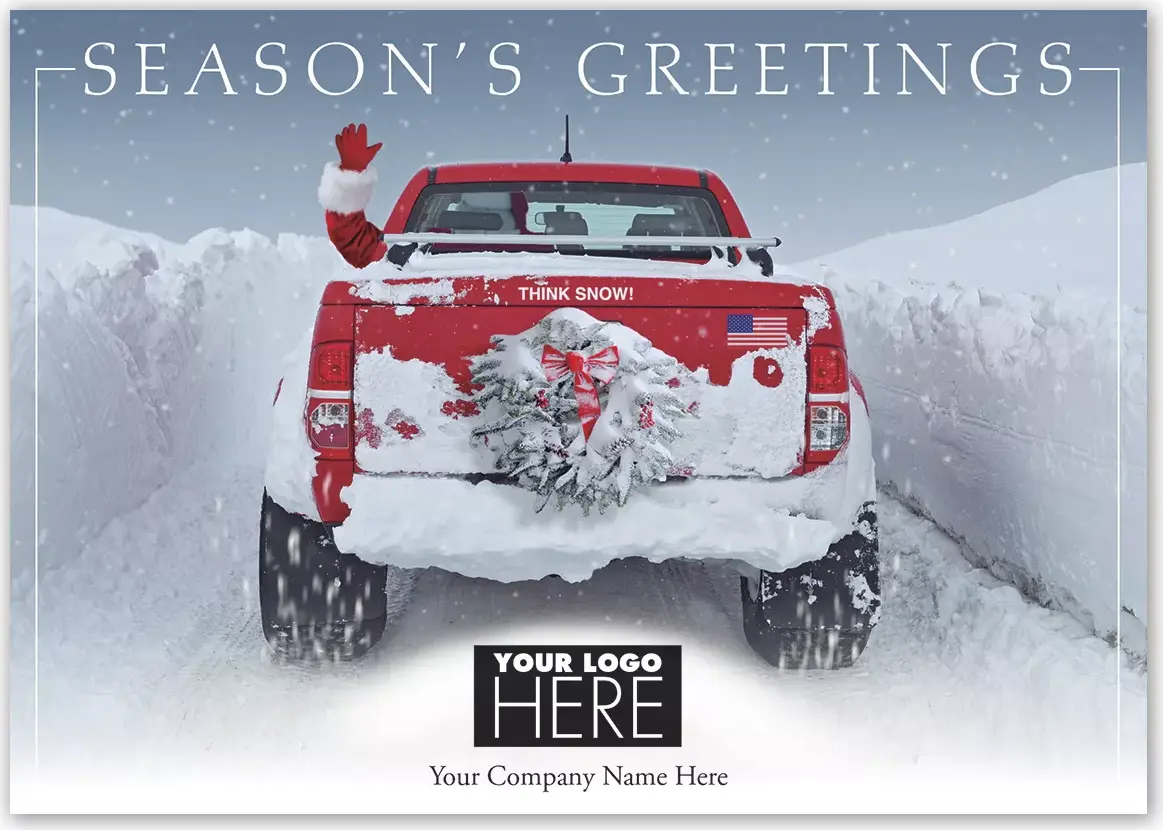 Snow Driven Holiday Logo Card featuring a snowy truck theme with space for a custom corporate logo