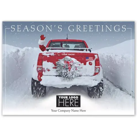 Snow Driven Holiday Logo Card featuring a snowy truck theme with space for a custom corporate logo