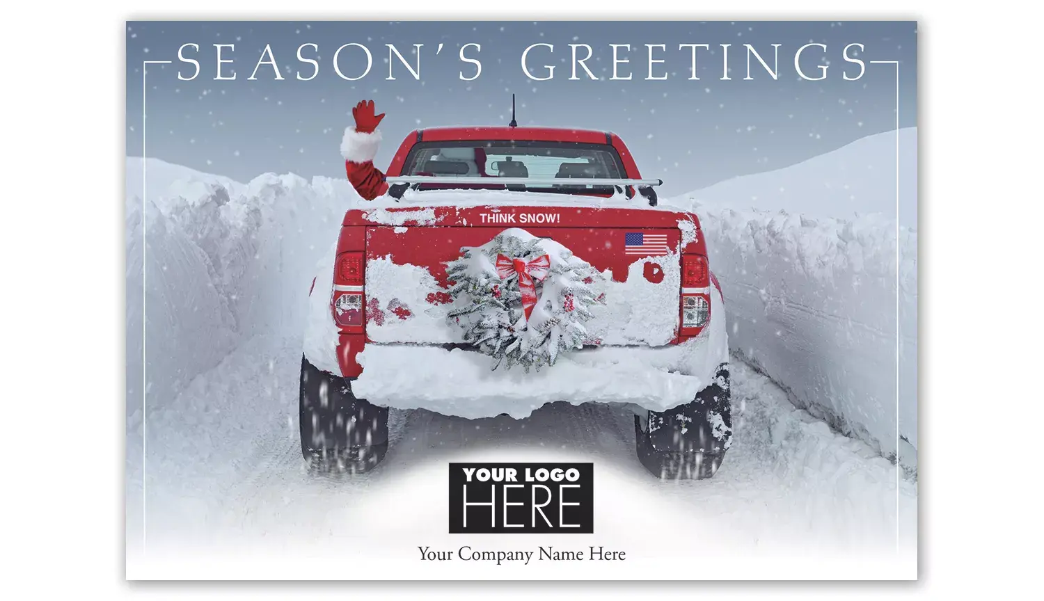Snow Driven Holiday Logo Card featuring a snowy truck theme with space for a custom corporate logo
